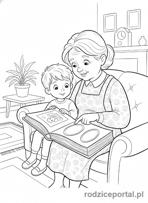 Kolorowanka Dzień Babci - Babcia oglądająca stare zdjęcia z wnukiem