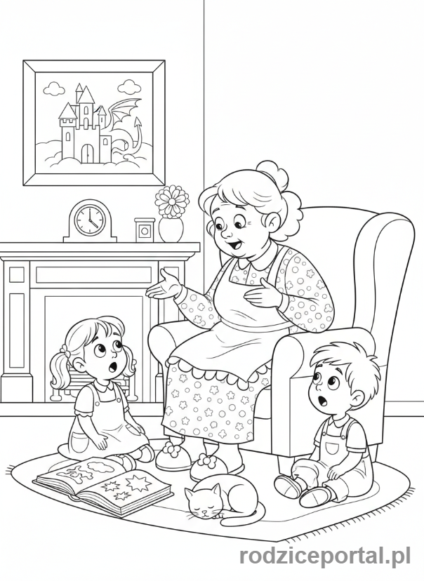 Kolorowanka Dzień Babci - Babcia opowiadająca bajkę wnuczkom.