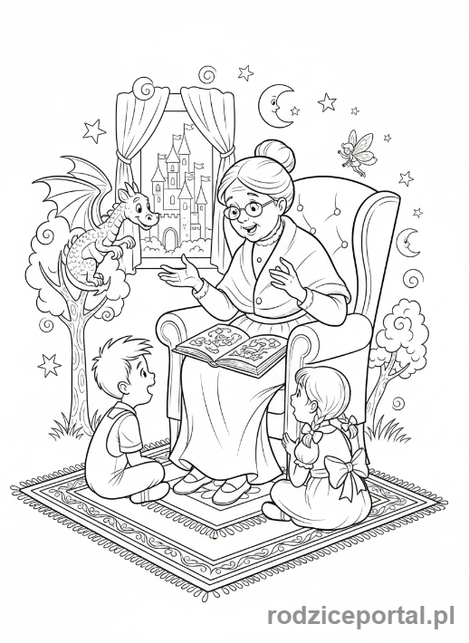 Kolorowanka Dzień Babci - Babcia opowiadająca bajkę wnukom