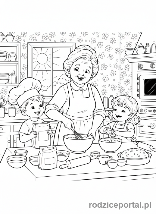Kolorowanka Dzień Babci - Babcia piekąca ciasto z wnukami