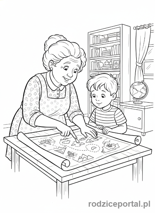 Kolorowanka Dzień Babci - Babcia pokazująca wnukowi starą mapę