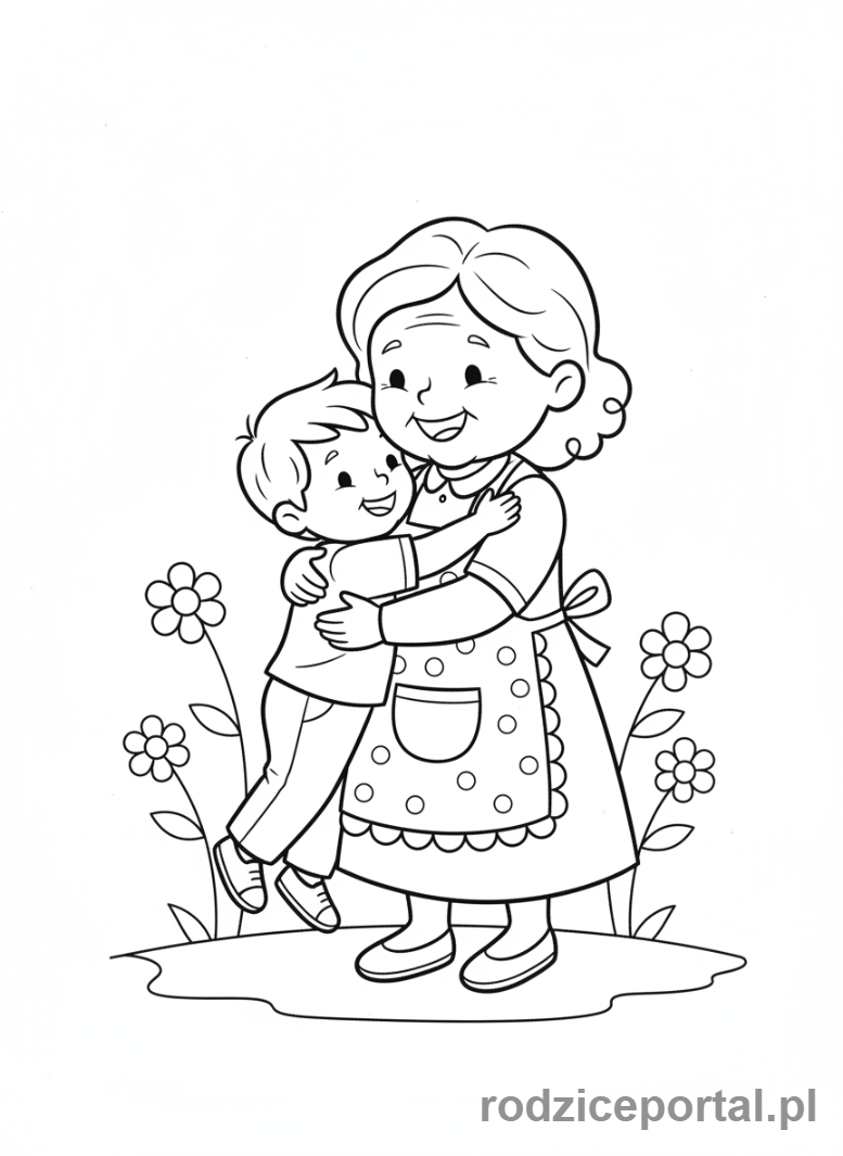 Kolorowanka Dzień Babci - Babcia przytulająca wnuczka.