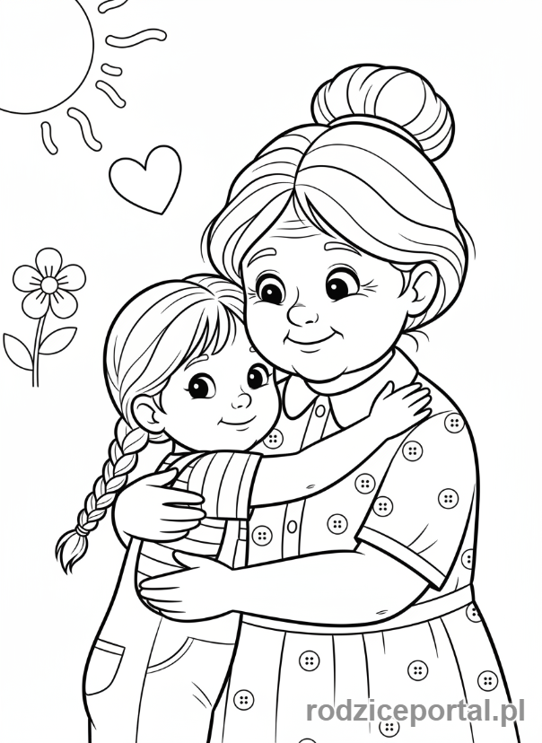 Kolorowanka Dzień Babci - Babcia przytulająca wnuczkę