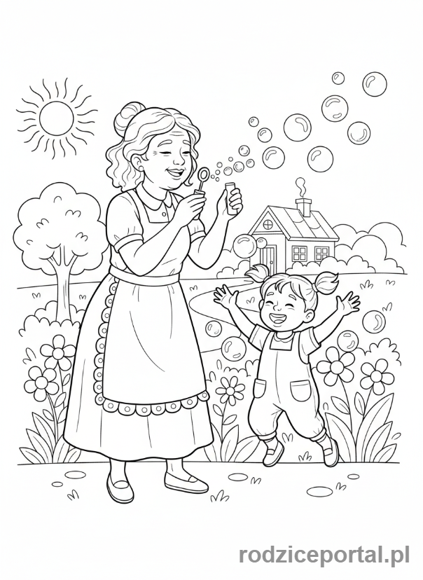 Kolorowanka Dzień Babci - Babcia robiąca mydlane bańki z wnuczką