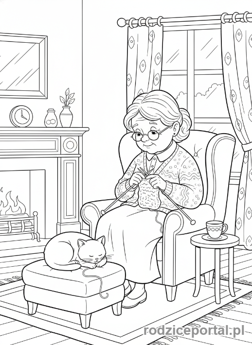 Kolorowanka Dzień Babci - Babcia robiąca na drutach, a obok kotek