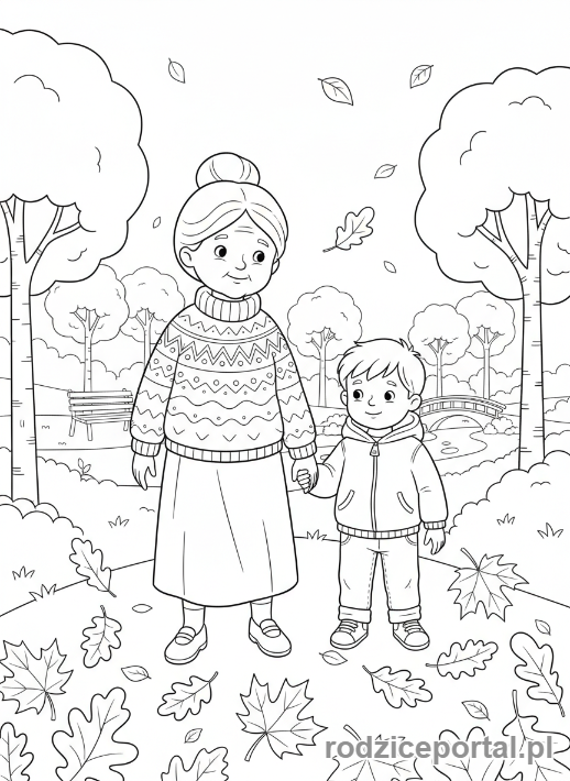 Kolorowanka Dzień Babci - Babcia spacerująca z wnukiem w parku