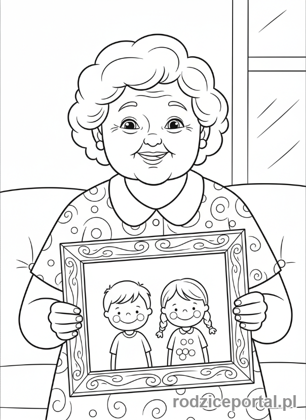 Kolorowanka Dzień Babci - Babcia uśmiechnięta, trzymająca ramkę ze zdjęciem