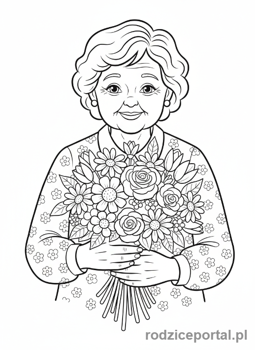 Kolorowanka Dzień Babci - Babcia uśmiechnięta z bukietem kwiatów