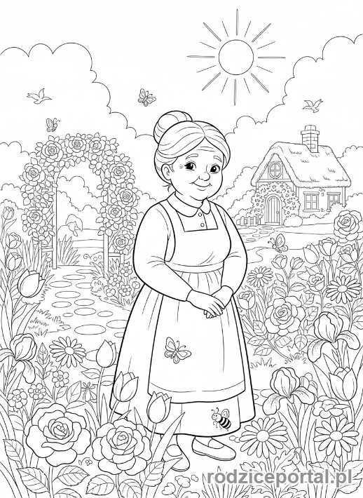 Kolorowanka Dzień Babci - Babcia w ogrodzie pełnym kwiatów