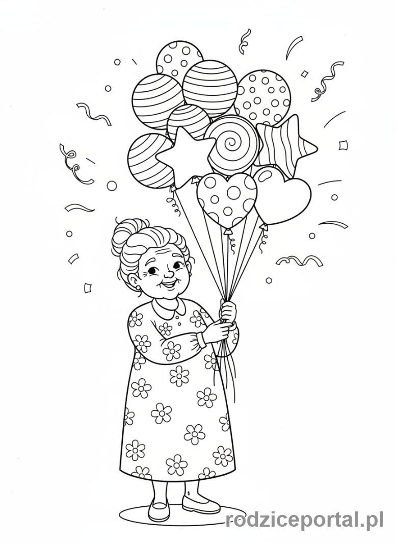 Kolorowanka Dzień Babci - Babcia z balonami