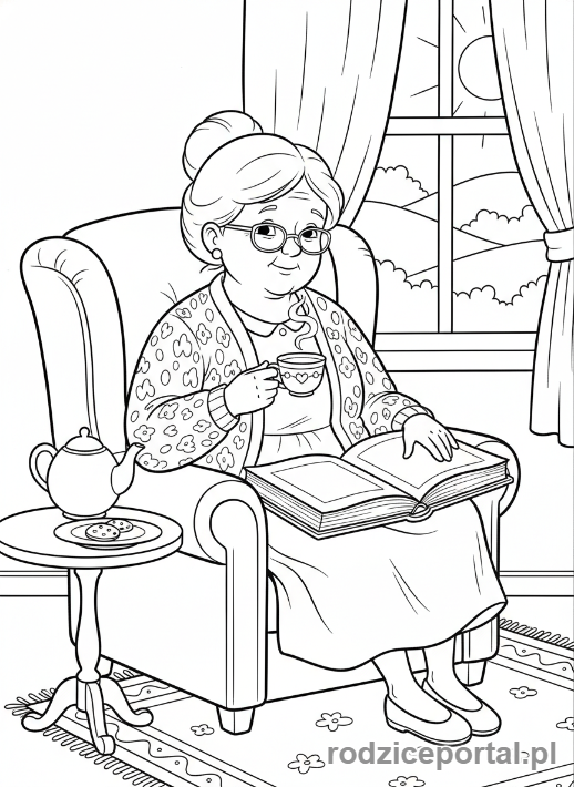 Kolorowanka Dzień Babci - Babcia z filiżanką i otwartą książką