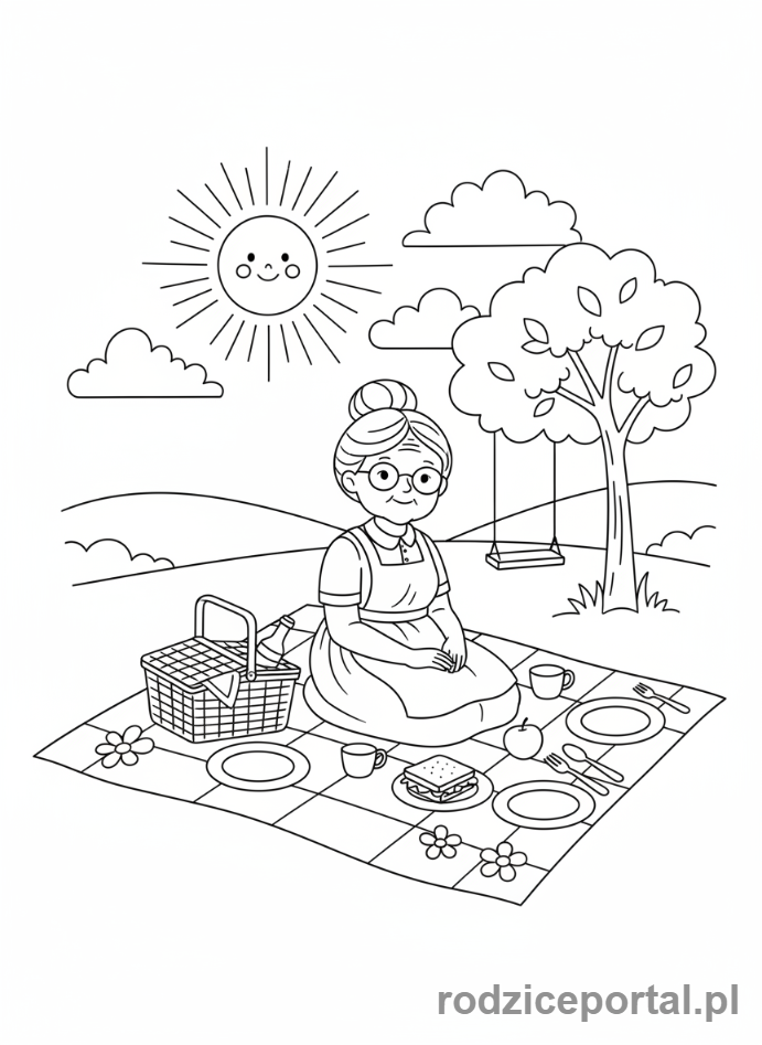 Kolorowanka Dzień Babci - Babcia z koszykiem piknikowym na trawie