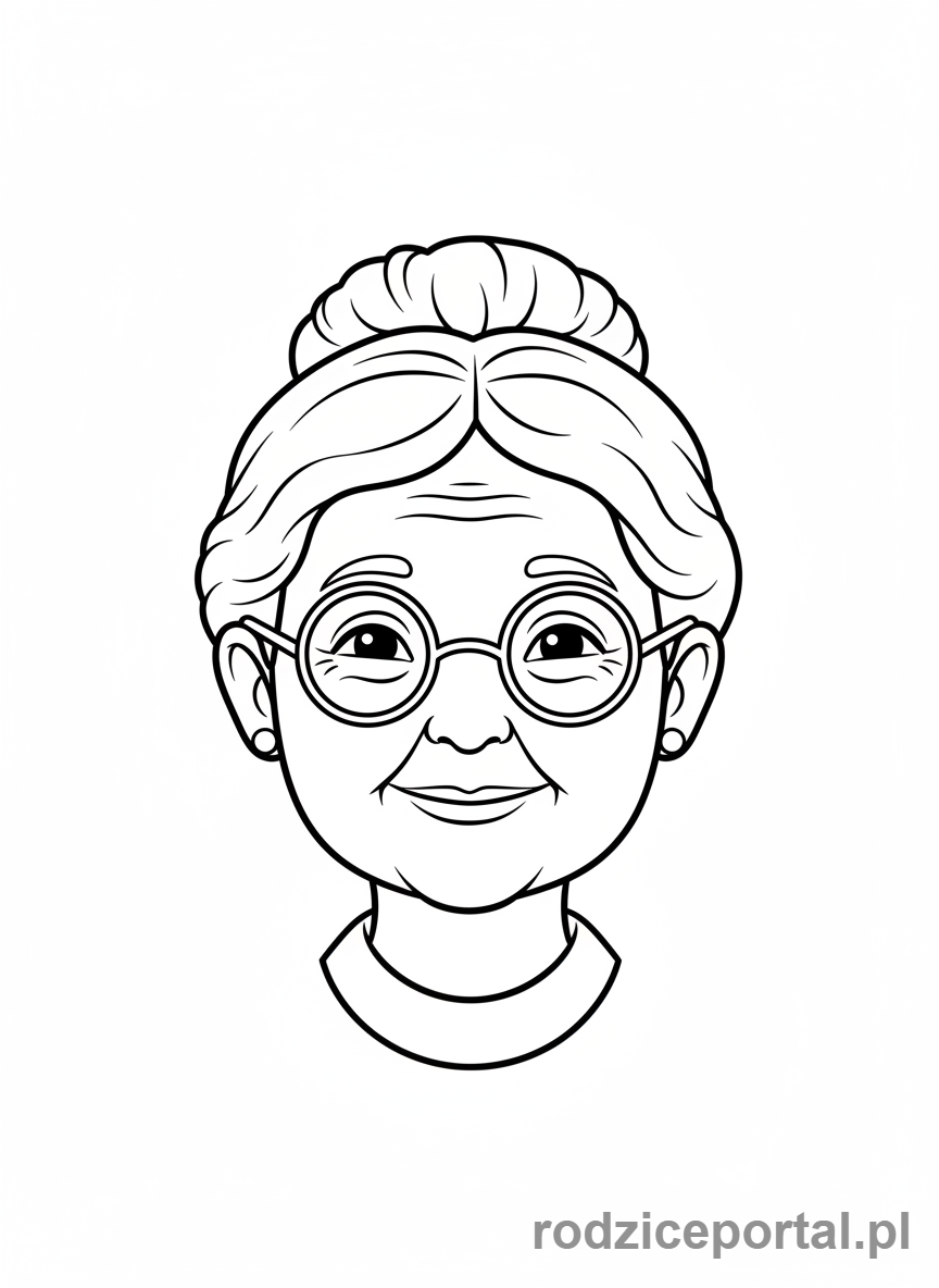 Kolorowanka Dzień Babci - Babcia z okularami na nosie, uśmiechnięta