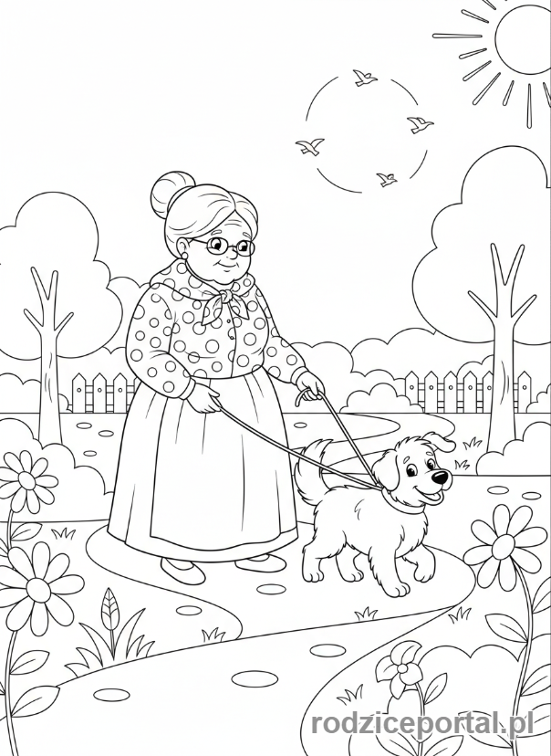 Kolorowanka Dzień Babci - Babcia z psem na spacerze