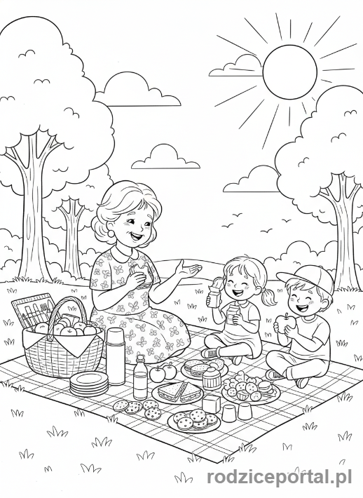 Kolorowanka Dzień Babci - Babcia z wnukami na pikniku
