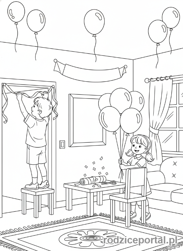 Kolorowanka Dzień Babci - Dzieci dekorujące pokój na Dzień Babci