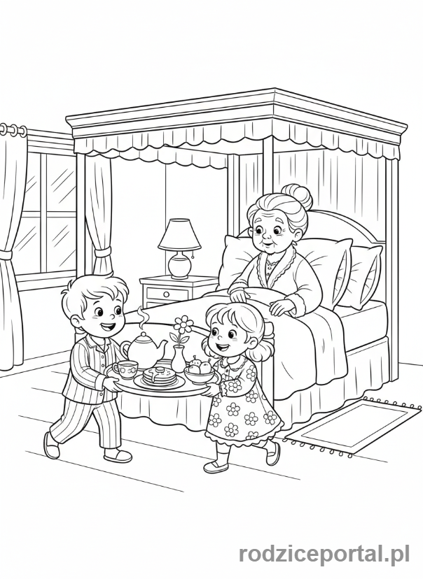 Kolorowanka Dzień Babci - Dzieci niosące babci śniadanie do łóżka