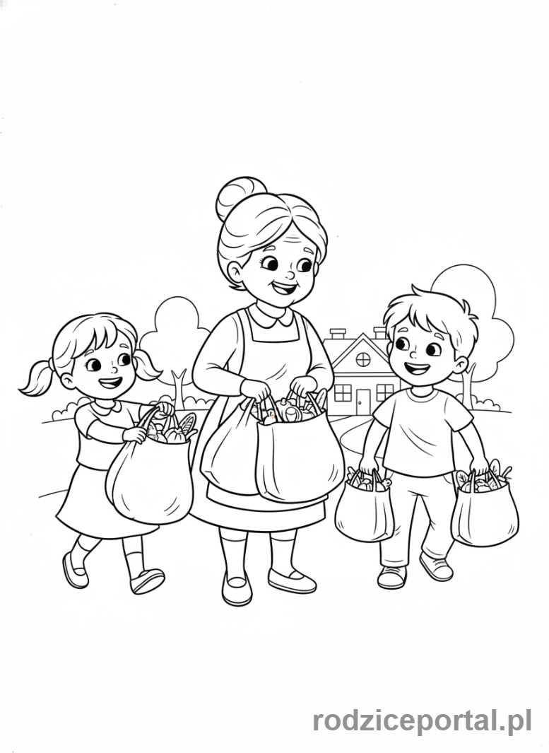 Kolorowanka Dzień Babci - Dzieci pomagające babci nosić zakupy