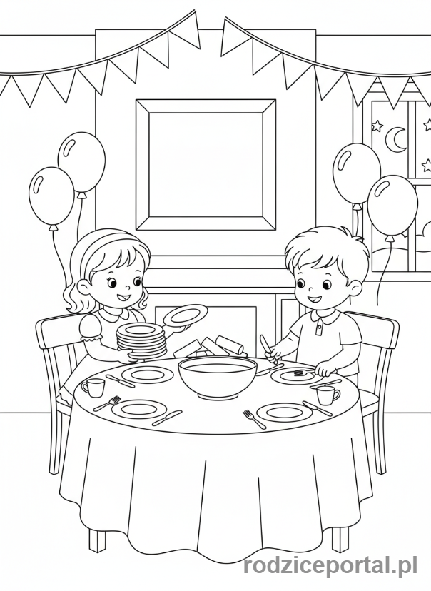 Kolorowanka Dzień Babci - Dzieci przygotowujące stół na uroczystość