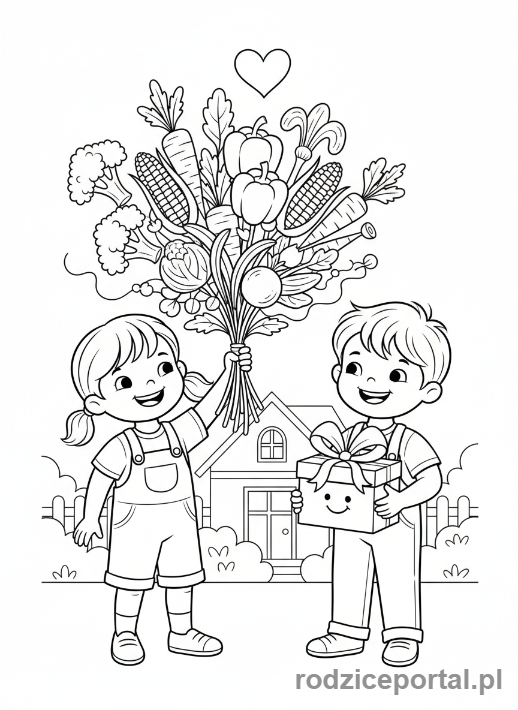 Kolorowanka Dzień Babci - Dzieci robiące bukiet z warzyw dla babci