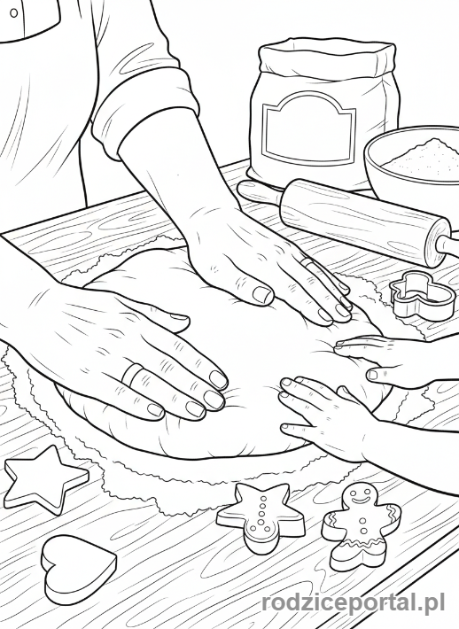 Kolorowanka Dzień Babci - Ręce babci i dziecka piekące ciasteczka