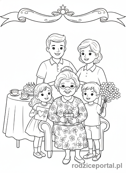 Kolorowanka Dzień Babci - Rodzina świętująca Dzień Babci