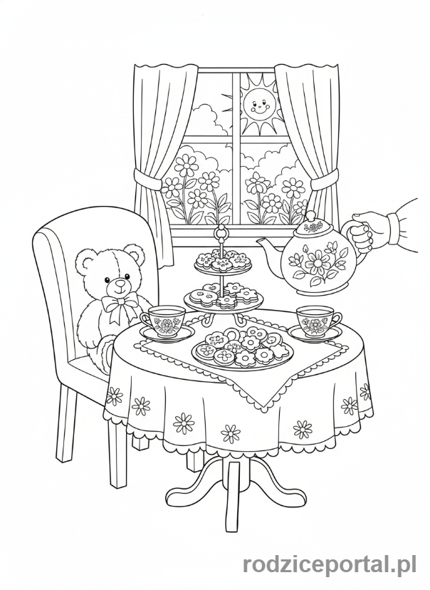 Kolorowanka Dzień Babci - Stoliczek z herbatą i ciastkami dla babci