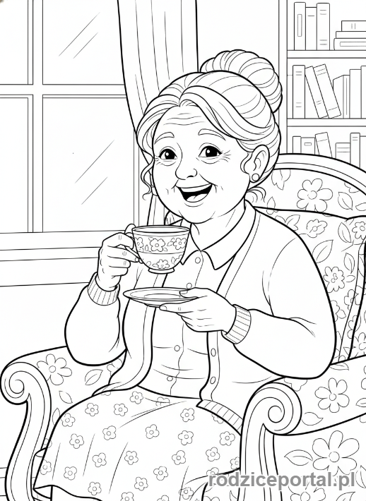 Kolorowanka Dzień Babci - Uśmiechnięta babcia trzymająca filiżankę herbaty