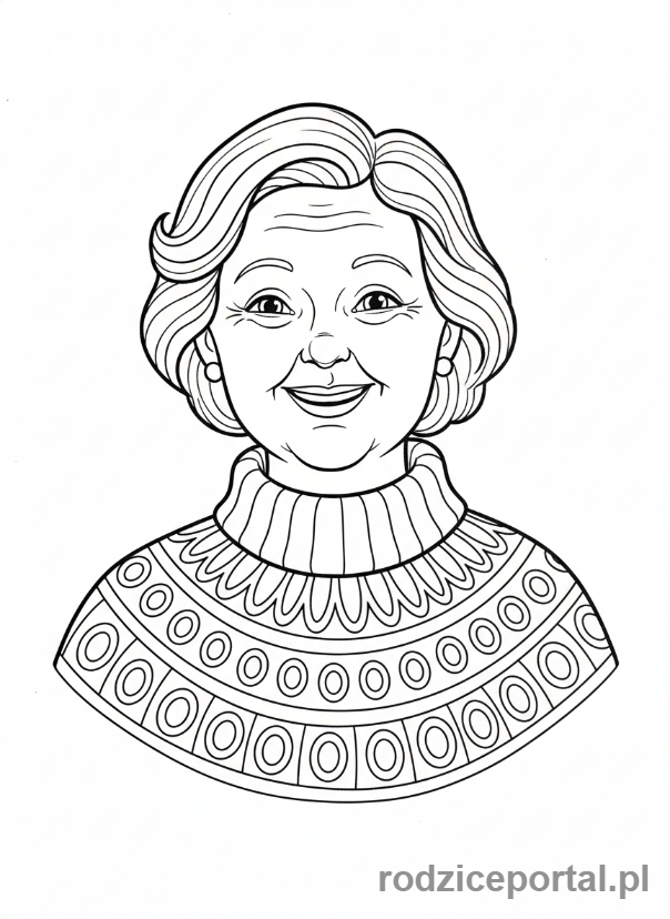 Kolorowanka Dzień Babci - Uśmiechnięta babcia w swetrze