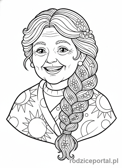 Kolorowanka Dzień Babci - Uśmiechnięta babcia z warkoczami