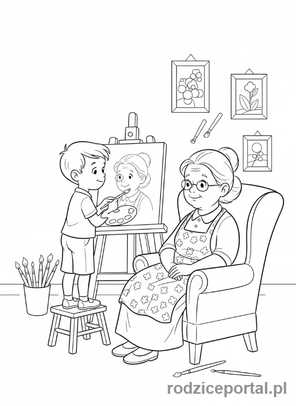 Kolorowanka Dzień Babci - Wnuczek malujący babcię w fartuszku