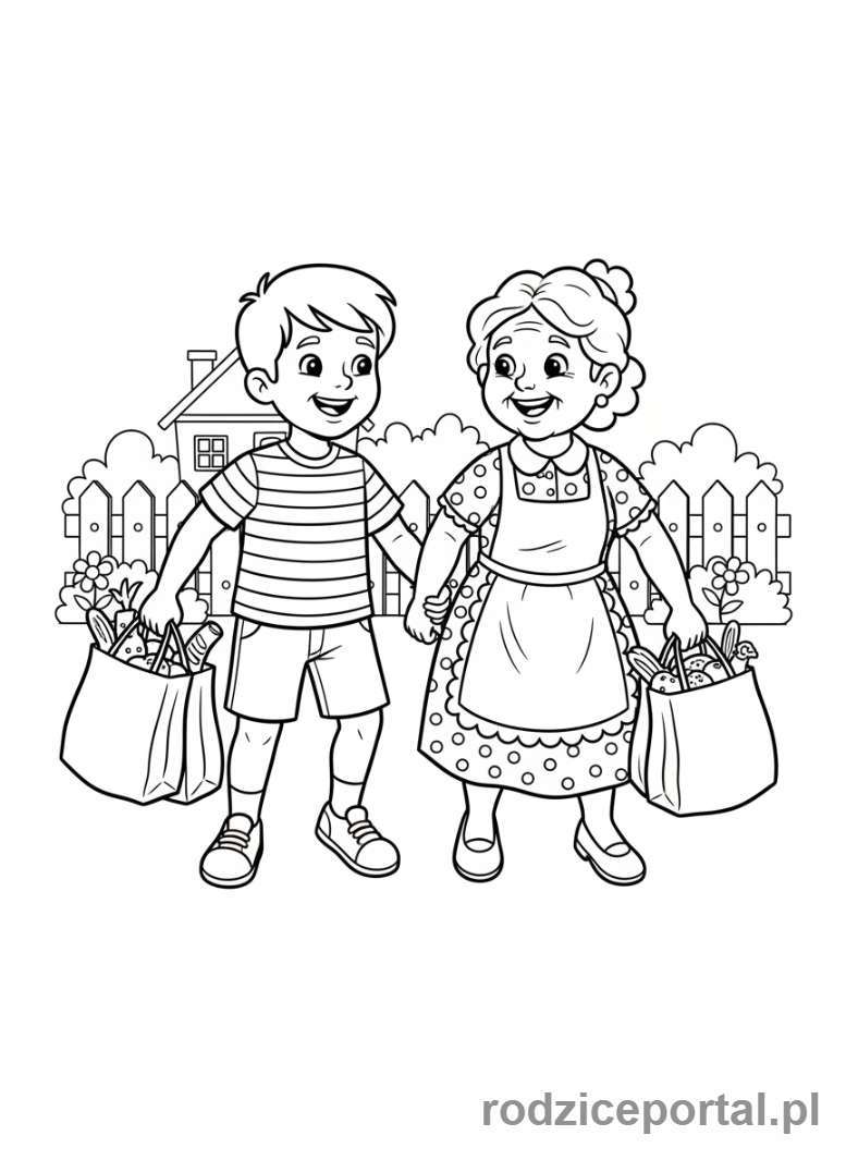 Kolorowanka Dzień Babci - Wnuczek pomagający Babci nieść zakupy.