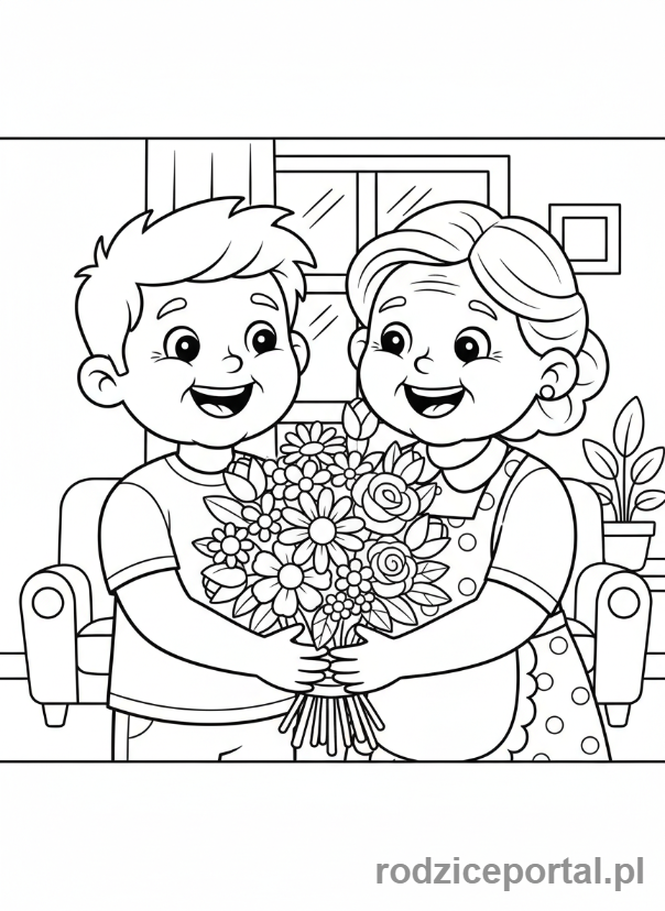 Kolorowanka Dzień Babci - Wnuczek wręczający bukiet kwiatów Babci.