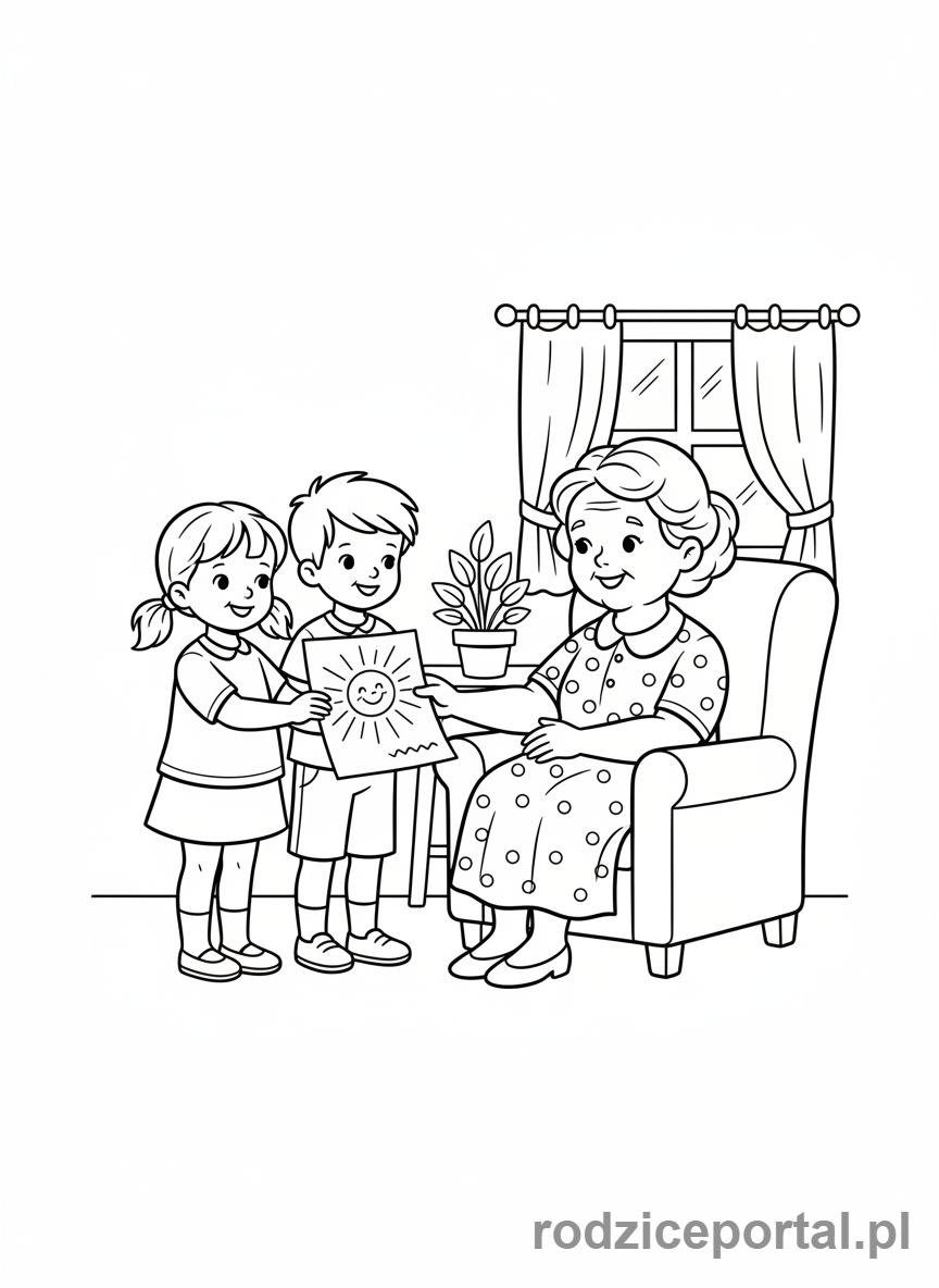 Kolorowanka Dzień Babci - Wnuczęta wręczające babci rysunek słoneczka
