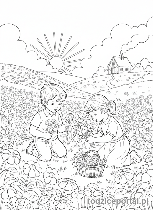 Kolorowanka Dzień Babci - Wnuczęta zbierające polne kwiaty dla babci
