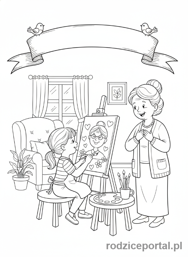 Kolorowanka Dzień Babci - Wnuczka malująca obrazek dla babci