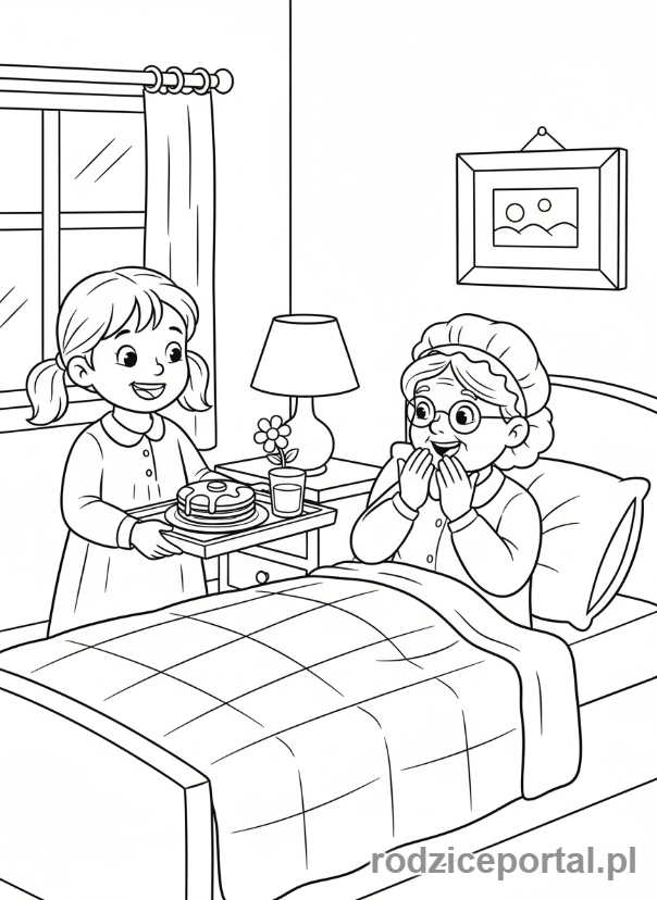 Kolorowanka Dzień Babci - Wnuczka podaje Babci śniadanie do łóżka.
