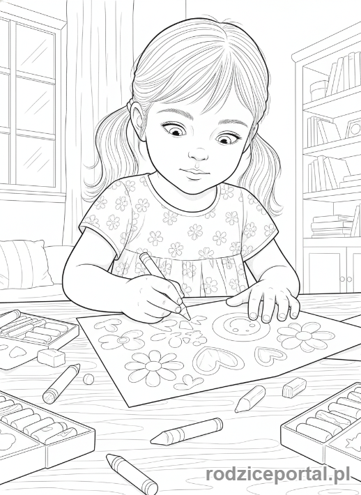 Kolorowanka Dzień Babci - Wnuczka rysująca laurkę dla Babci.