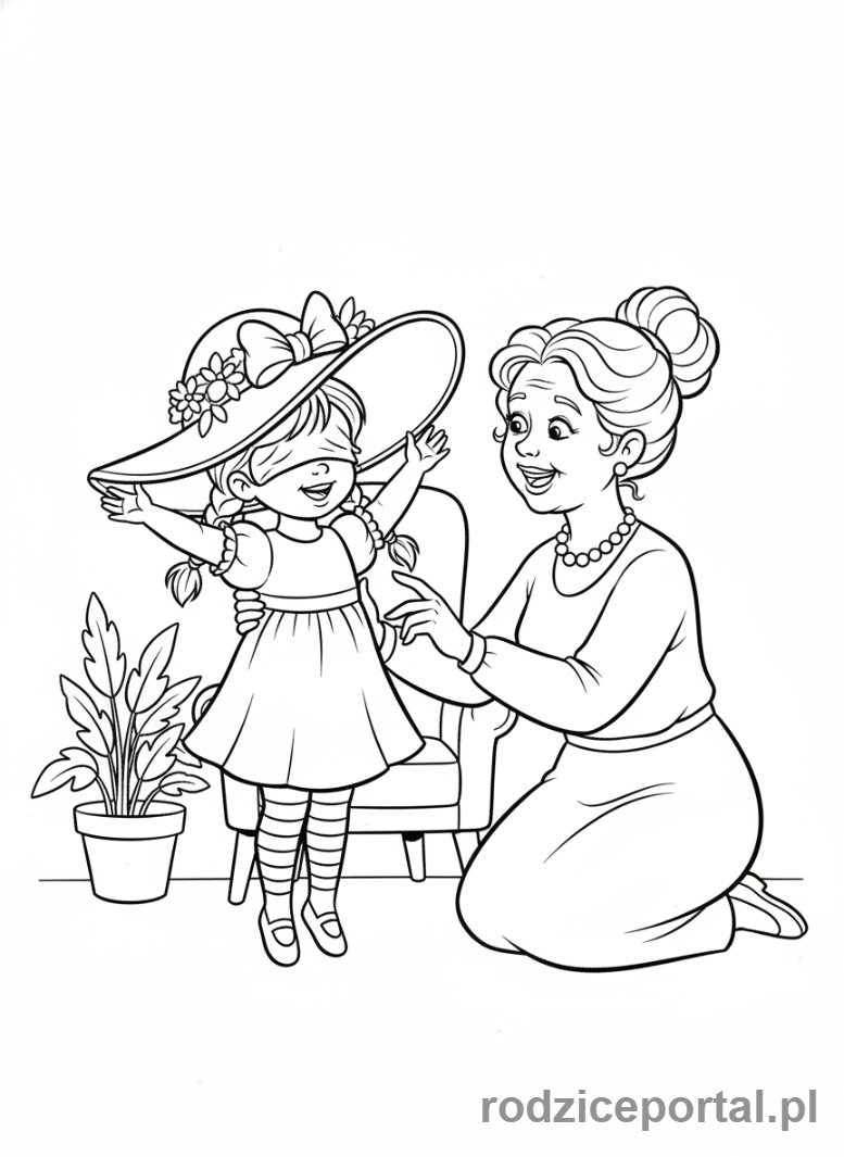 Kolorowanka Dzień Babci - Wnuczka w kapeluszu babci