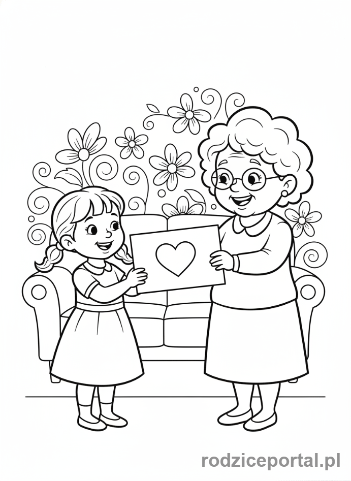 Kolorowanka Dzień Babci - Wnuczka wręczająca laurkę babci