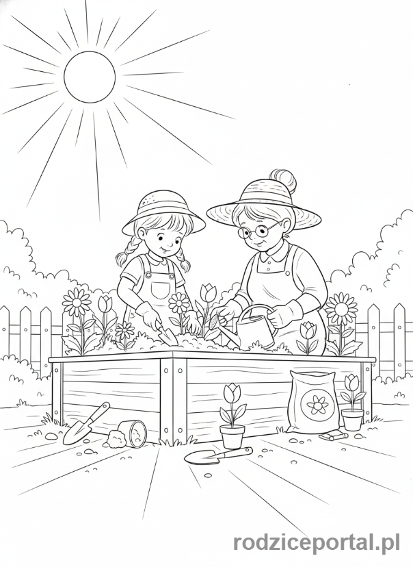 Kolorowanka Dzień Babci - Wnuczka z babcią sadzące kwiaty w ogrodzie