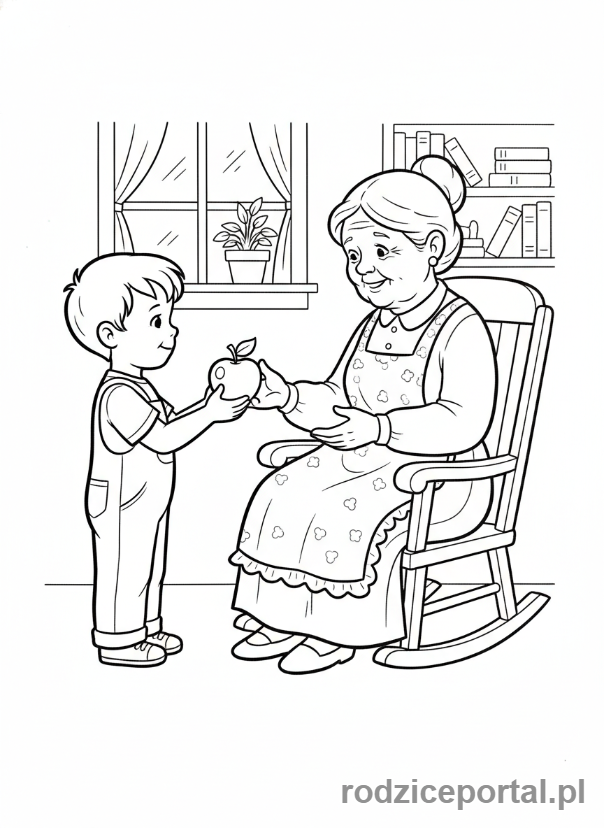 Kolorowanka Dzień Babci - Wnuk dający babci jabłko