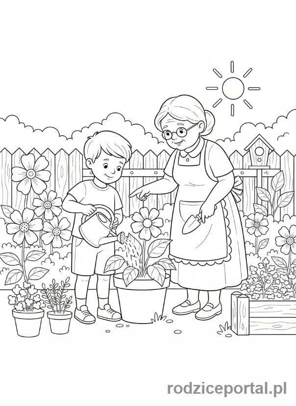 Kolorowanka Dzień Babci - Wnuk pomagający babci w ogrodzie
