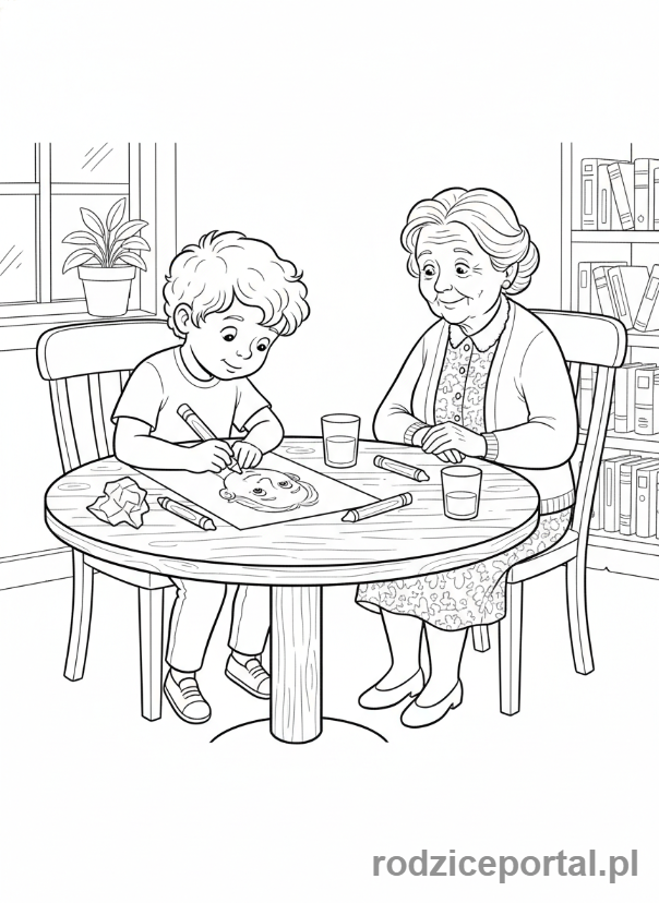 Kolorowanka Dzień Babci - Wnuk rysujący portret babci
