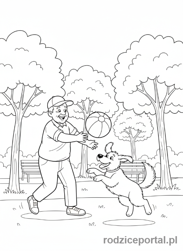 Kolorowanka Dzień Dziadka - Dziadek bawiący się z psem w parku.
