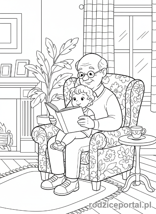 Kolorowanka Dzień Dziadka - Dziadek czytający książkę wnuczkowi.