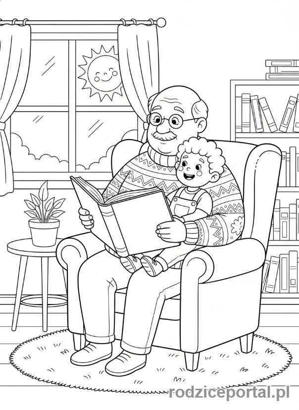 Kolorowanka Dzień Dziadka - Dziadek czytający książkę wnukowi.