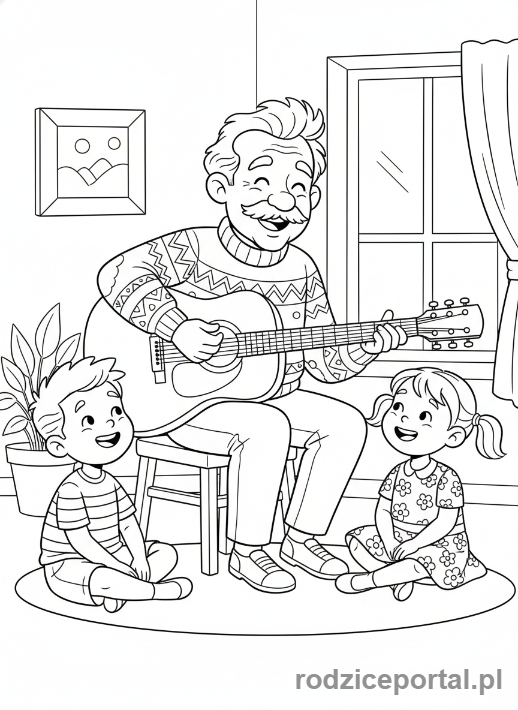 Kolorowanka Dzień Dziadka - Dziadek grający na gitarze dla wnuków.