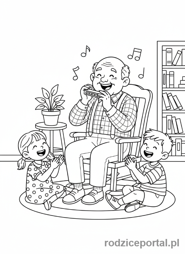 Kolorowanka Dzień Dziadka - Dziadek grający na harmonijce dla wnucząt.