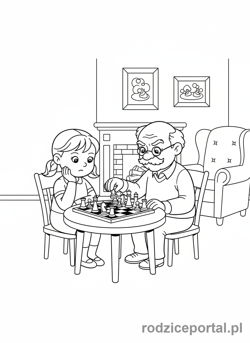 Kolorowanka Dzień Dziadka - Dziadek grający w szachy z wnuczką.